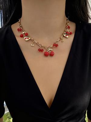2026 Collier Pendentif Cœur Cerise Charme pour Femmes Fraise Rouge Nœud Perle Chaîne de Clavicule Bijoux Esthétiques de Fête