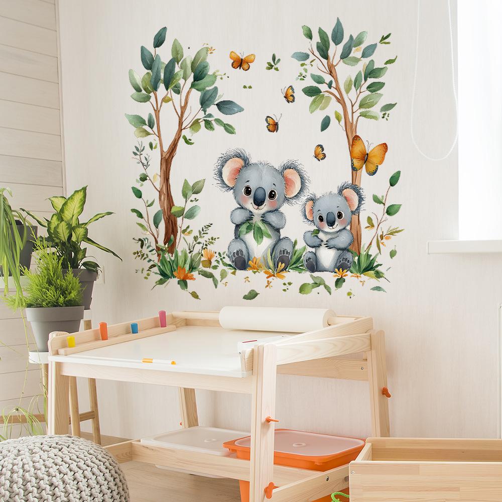 2 Pz Cartone Animato Koala Farfalla Foglie Verdi Camera da Letto Soggiorno Casa Sfondo Abbellimento Decorazione Adesivi Murali