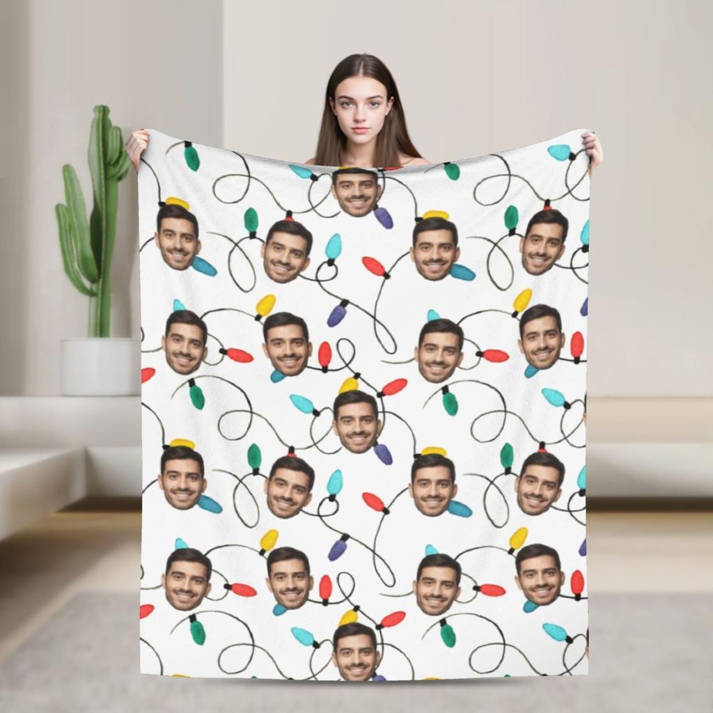 Christmas Lights Photo Face Upload Personalised Custom Plush Blankets Gift for Men Women Girls Boys Throw Blanket for Home Quilt