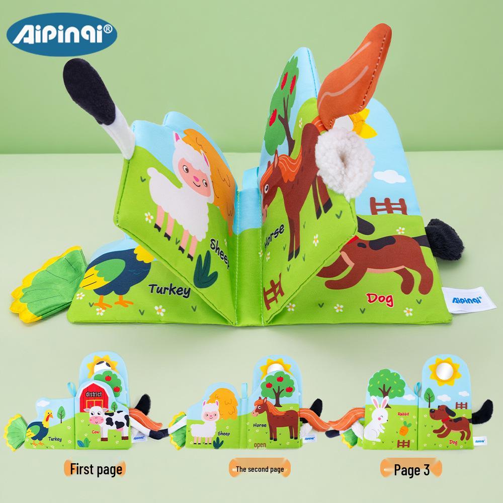 Animal-Shaped Baby Cloth Book with Crinkle Pages, Mirror, and 3D Tails - Tear-Resistant Touch & Feel Toy