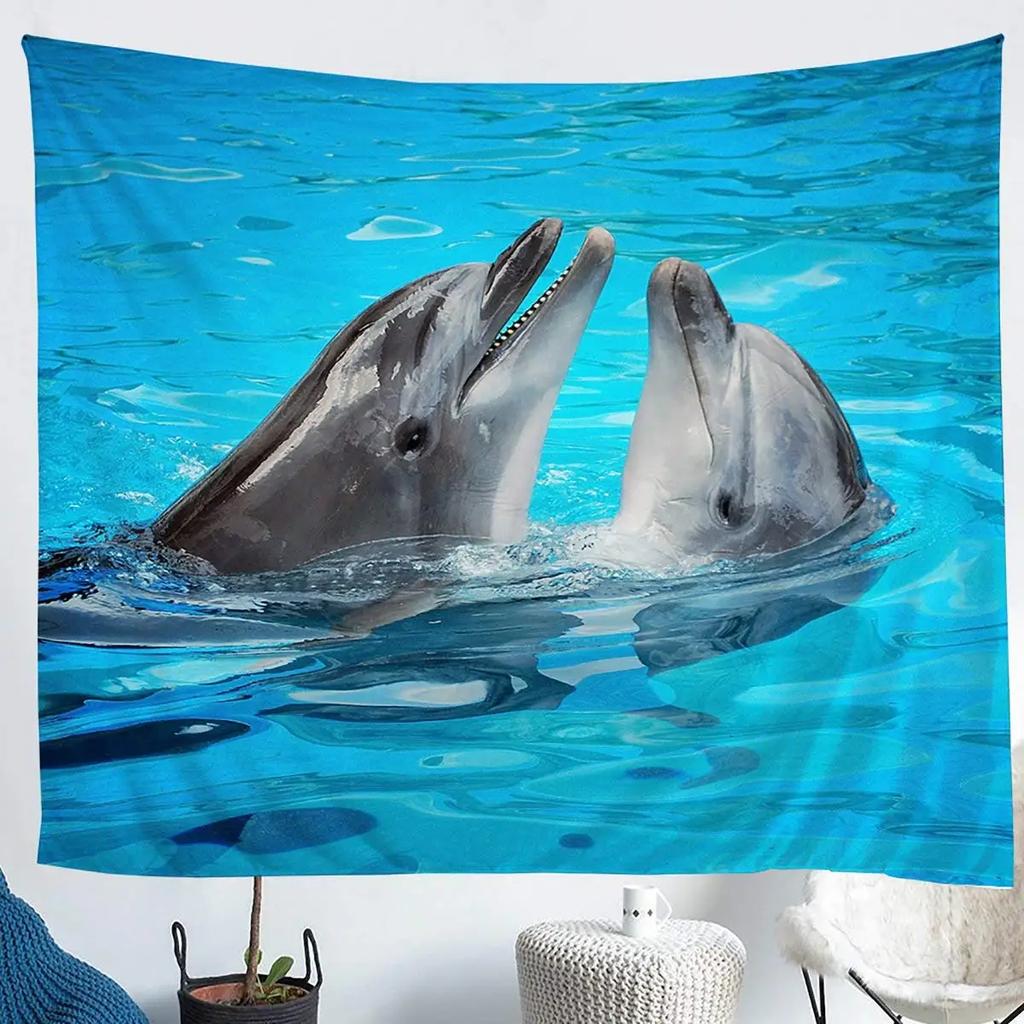 Unterwasser-Oase Wandteppich Delfin Unter dem Meer Korallenfische Anemonen Tiefsee Fantasy Blasen Wandbehänge Dekor Zimmer Wandteppiche