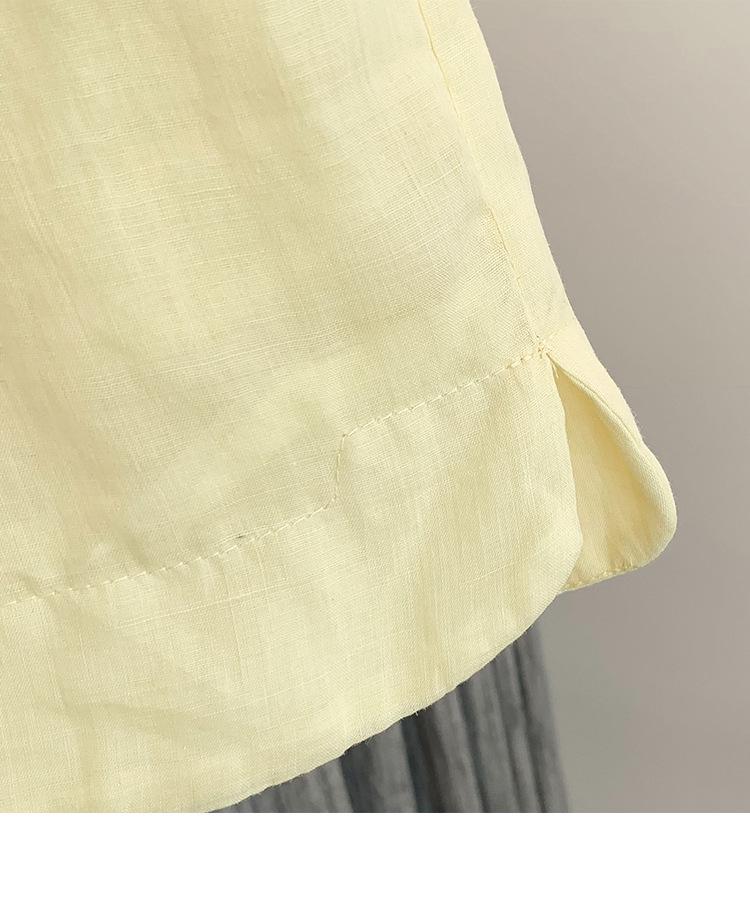 Damen lässiger Anzug aus Baumwolle-Leinen mit Perlen: Kurzarmhemd & Vielseitige Shorts