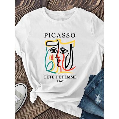 Camiseta con Retrato Cubista de Picasso para Mujer - Estilo Icónico del Artista Manga Corta Cuello Redondo Top Casual, Ropa Artística Cubista para Primavera Verano Otoño,