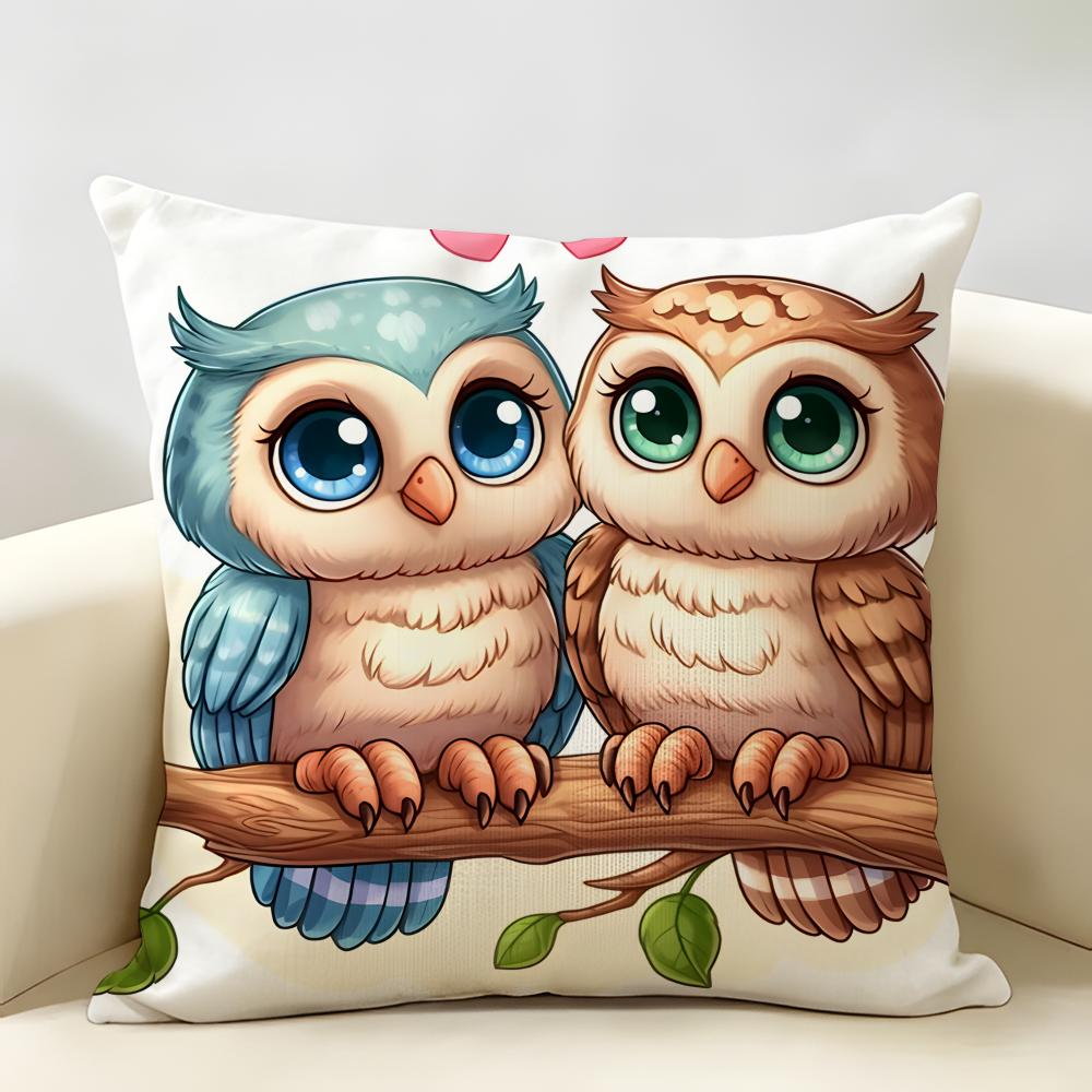 Vintage Owl Pattern Cushion Cover Natural Linen Organic Fabric DoubleSided Printing Room Sofa Decor Pillow Case