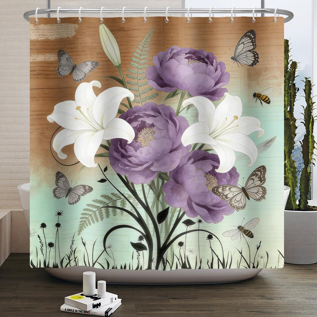 Flower Theme Bathroom Shower Curtain Fresh Sunflowers Roses Lilies Decoration Waterproof Bathroom Polyester Curtain With Hooks
