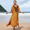 Ginger Yellow Rayon Embroidered Long Beach Cover-up Dress for Women