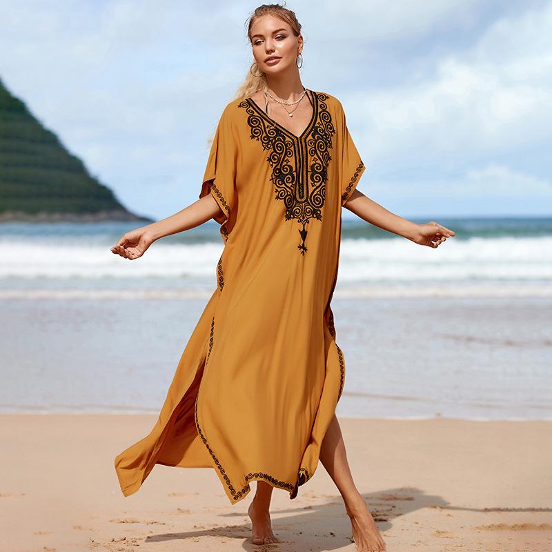 Ginger Yellow Rayon Embroidered Long Beach Cover-up Dress for Women