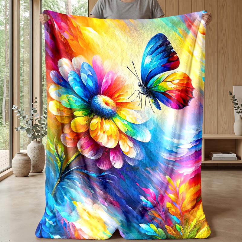 Vibrant Flower Bouquet with Butterflies Theme blanket Lightweight Warm Flannel Blanket Decorative Throw Blanket for Home Decoration