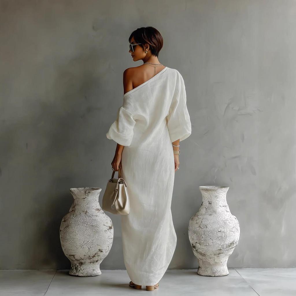 Abito Monospalla Lungo, Elegante Tubino con Maniche, Abito da Sera Midi Scollato sulle Spalle