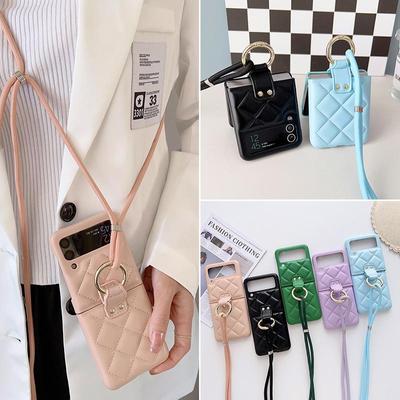Držiak na prsteň Crossbody Remienok Puzdro pre Samsung Galaxy Z Flip 3 Flip 4 Z Flip 5 5G Obal módne mriežkovaný náhrdelník Lanyard Lano Kožená taška
