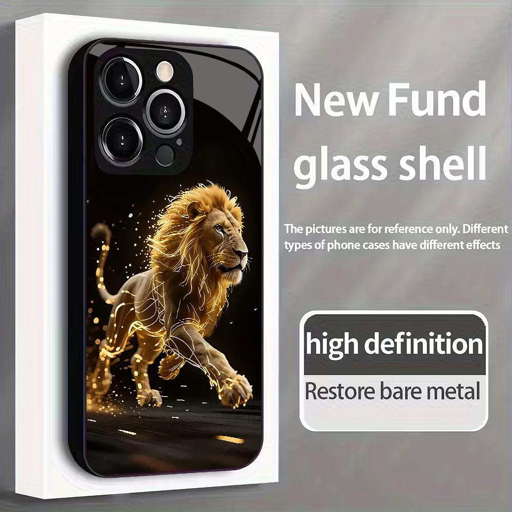 Goldenes Löwenmuster gehärtetes Glas Handyhülle geeignet für iPhone 17 16 15 14 13 12 11 Pro/Max/Plus sturzsichere Rückabdeckung
