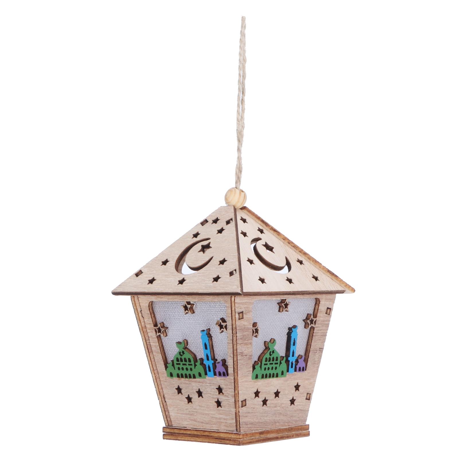 

Wood LED Light Pendant House Shape Ornament Ramadan Festivals Indoor Decorations(A )