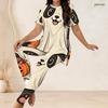 Women Plus Size Halloween Printed Round Neck Short Sleeve Long Top Fitted Long Pants Two Piece Set