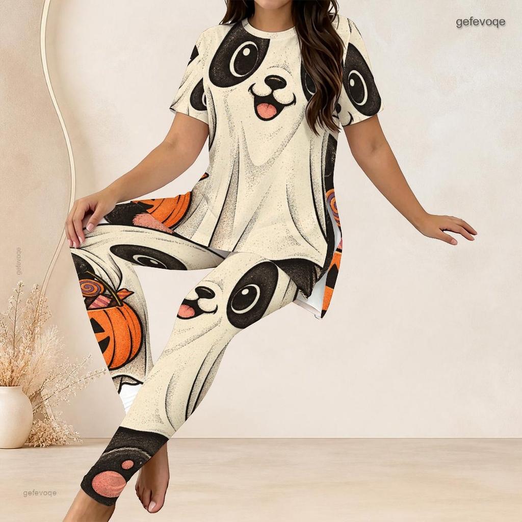 Women Plus Size Halloween Printed Round Neck Short Sleeve Long Top Fitted Long Pants Two Piece Set
