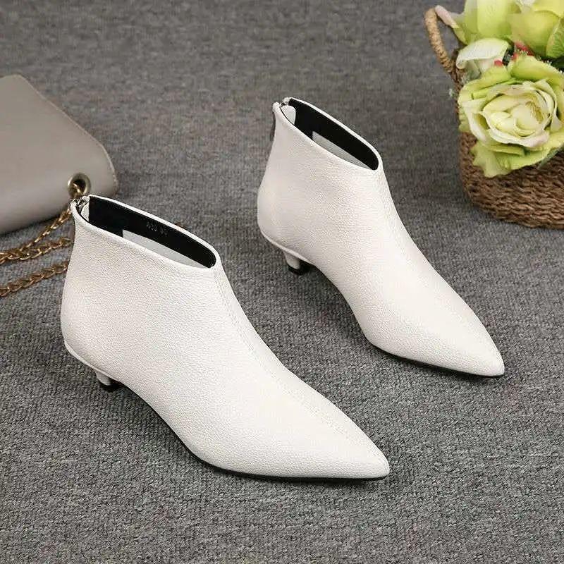 Móda FHC Europea NOVÉ Dámské Kotníkové Boty, Podzimní/Zimní Obuv, Nude Botas, Špičatá Špička, Nízký Jehlový Podpatek, Zadní Zip, BÍLÉ, ČERNÉ, Dropshipping