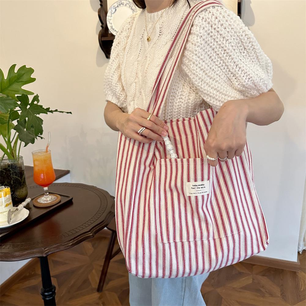 Vintage Striped Women's Shoulder Bags Large Capacity Female Reusable Shopping Bag Canvas School Girls Book Tote Handbags