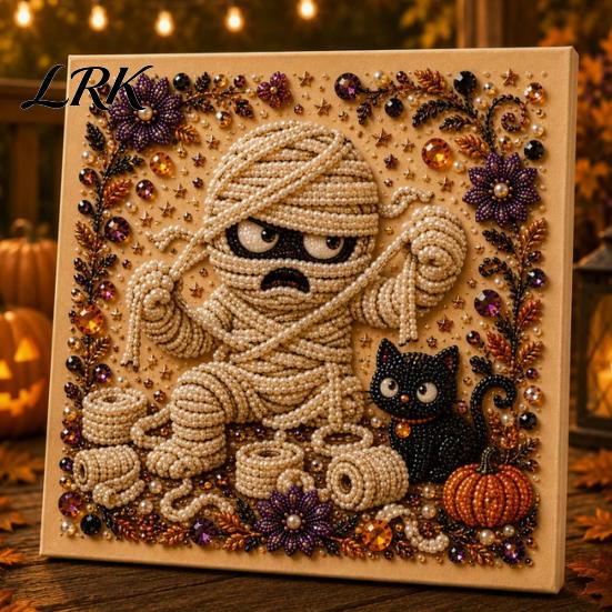 Handmade Autumn Wall Decor Halloween Faux Pearl Art Kit, Cute Ghost Skeleton Painting Room DIY 3D Craft Kit for Adults, Fall Home Diy