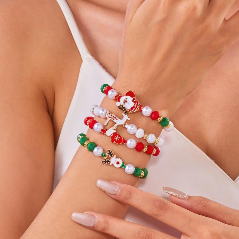 Christmas Day Color Acrylic Diamond Snowflake Bell Elastic Beaded Bracelet Christmas Set