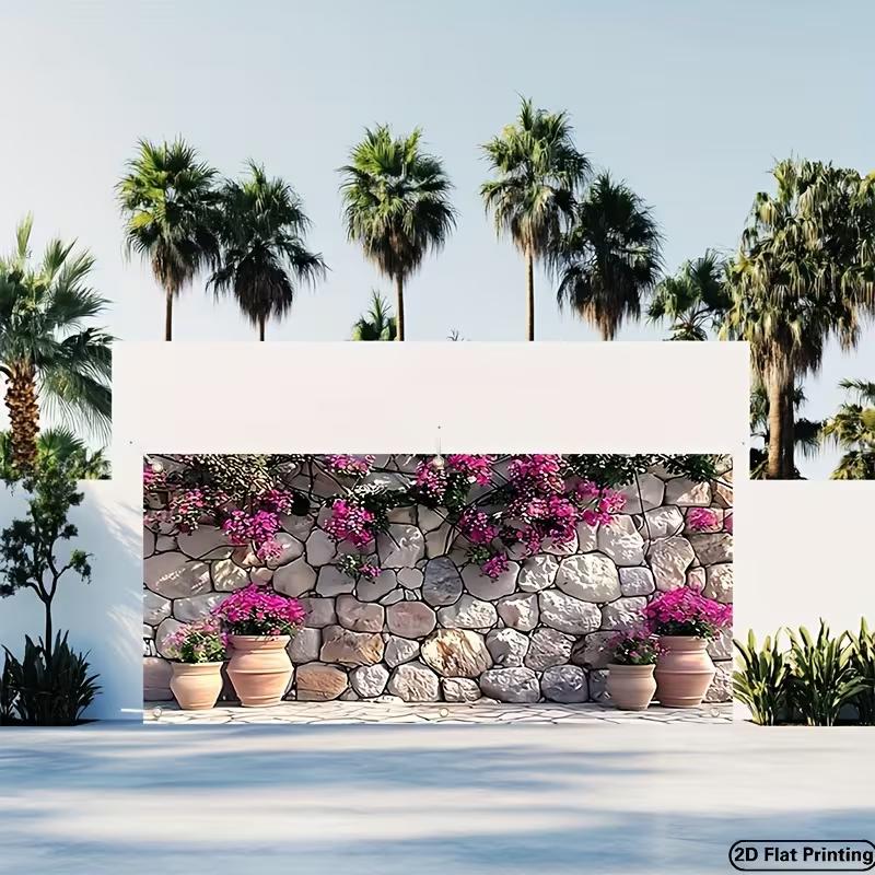 

2D Mediterranean Stone Wall Backdrop, Pink Bougainvillea & Clay Pot Background Cloth for Party 47.2x31.5inch/120*80cm