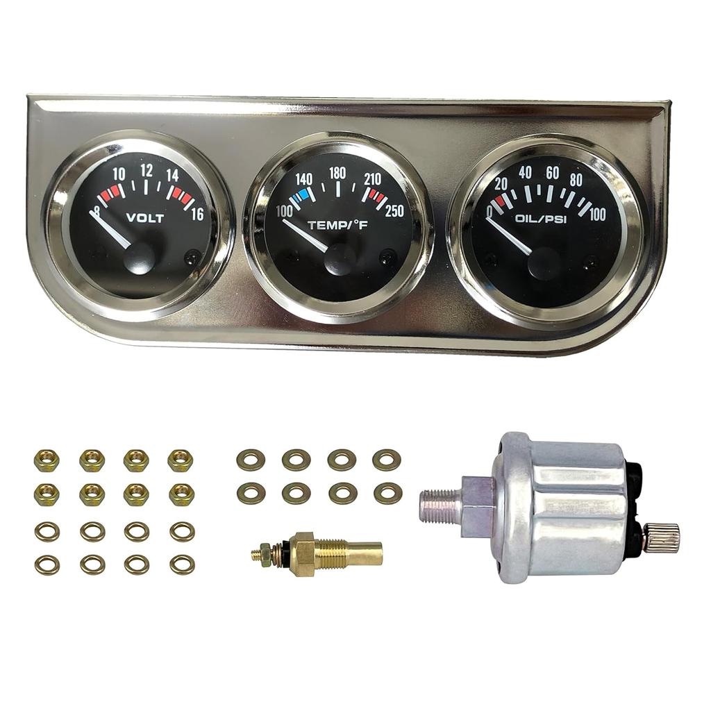 Chrome 3 in1 Triple Auto Gauge Meter Kit 52mm (8-16V Volt Meter +100-250℉ Water Temperature Gauge+ 0-100 psi Oil Pressure Meter) with Console for