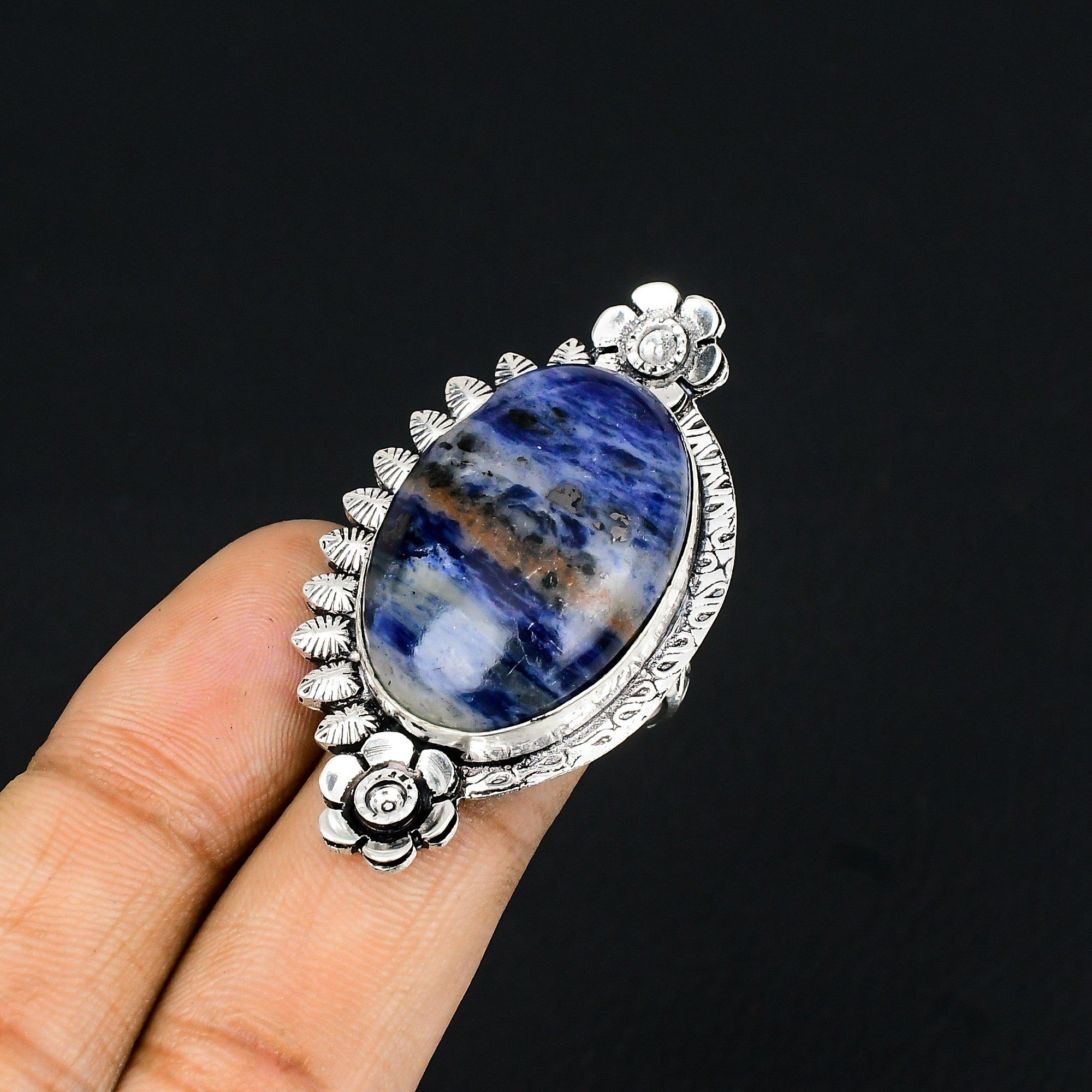 Natural Sodalite Gemstone 925 Silver Multi Stone Flower Ring Size 7 For Girls 7