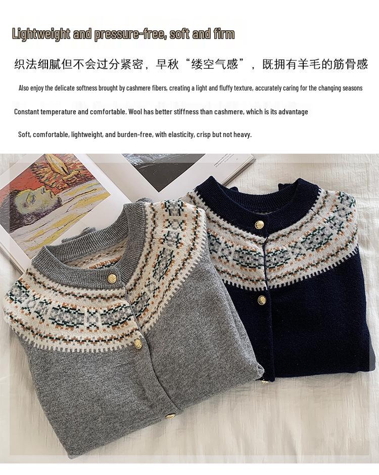 Women's Retro Color Block 100% Wool Cardigan - Round Neck Knit Jacquard Sweater for Autumn & Winter