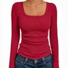 Women‘s Ribbed Square Neck Top, Long Sleeve Slim Fit Basic Shirt for Fall Winter Spring, Casual Crop Tee
