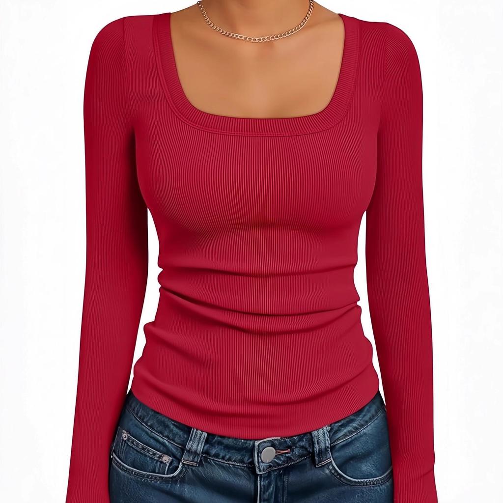 Women‘s Ribbed Square Neck Top, Long Sleeve Slim Fit Basic Shirt for Fall Winter Spring, Casual Crop Tee