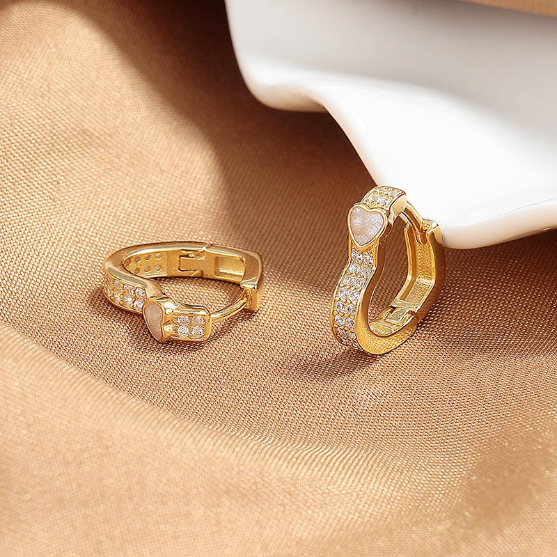 Micro-Inlaid Zircon Love Ear Buckle Earrings Women'S Niche High-End Drip Glaze Small Peach Heart Accessories