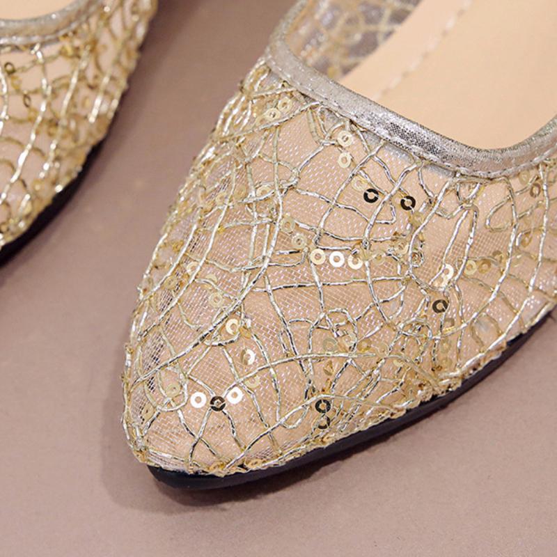New Hollow Mesh Flat Shoes Lace Pointed Low Heel Mesh Shoes Women