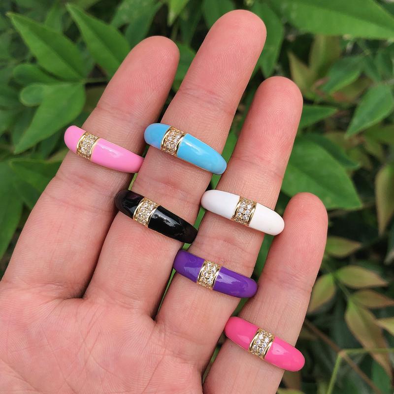 6 Colors Simple Style Colorful Enamel Ring Paved With Shiny Rainbow Cubic Zircon Stone Fashion Wed Engage Ring For Women