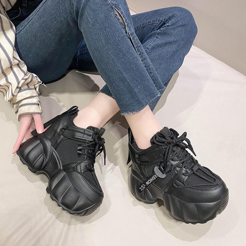 Fashion Black Chunky Sneakers for Women  Spring Hidden Heels Platform Sports Shoes Woman Thick Sole Breathable Casual Shoes