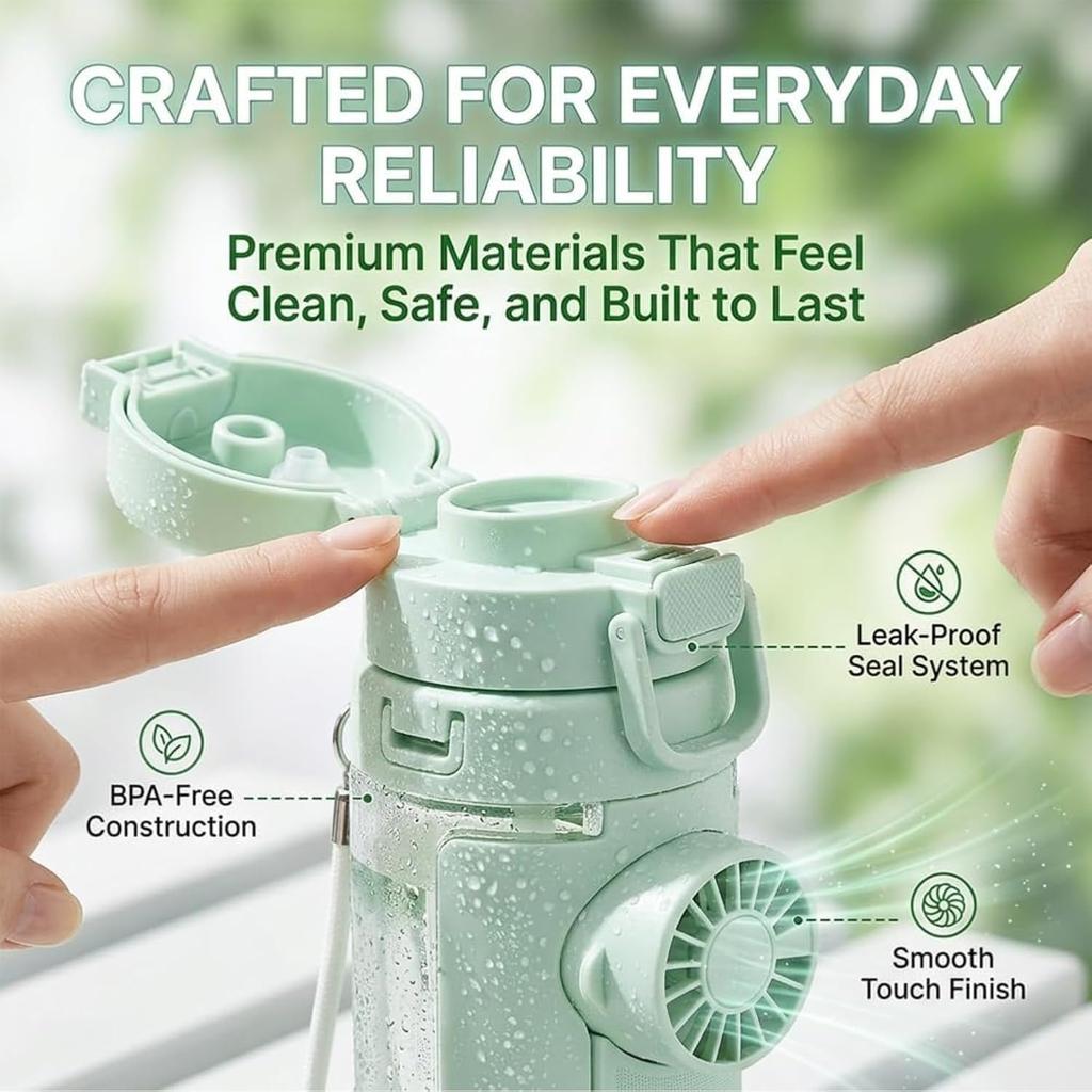 2-in-1 Water Bottle with Built-in Foldable Fan, 23oz Portable Cooling Cup with 3-Speed USB-C Rechargeable Detachable Fan, Leakproof Straw Bottle