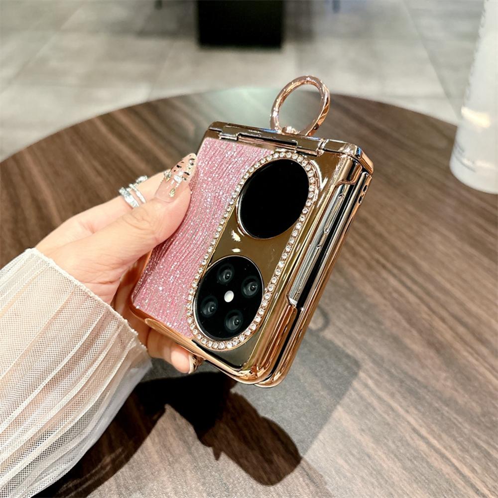 For Huawei Pocket 2 Case with Ring Holder Ripple Texture Hard PC Electroplating Phone Cover