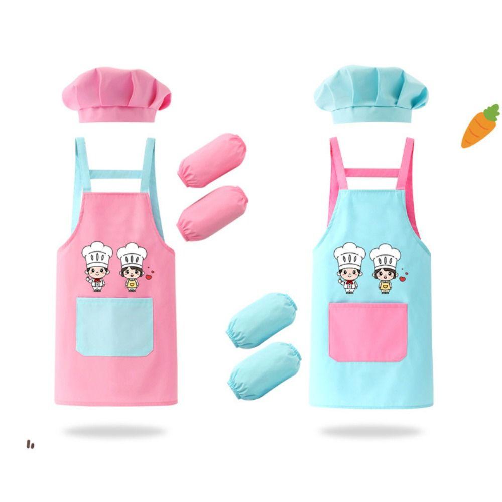 New Cartoon Kids Apron Arm Sleeve Hat Children's Bib Chef Cap Waterproof Chef's Uniform Baking