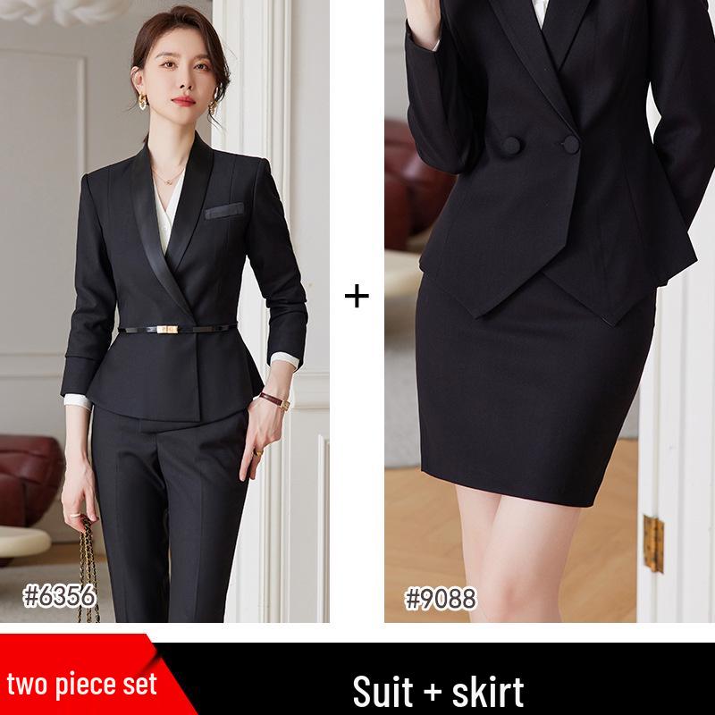 Dark Blue Women's Suit Set: Professional Attire with a Goddess Style – Perfect for Front Desk Workwear.