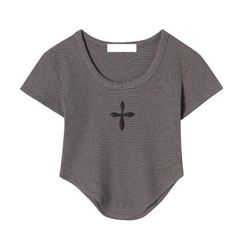 

Waffle T-shirt Women s Short Sleeve Off Shoulder Top Irregular Curved Hem U Neck Retro Top S сірий