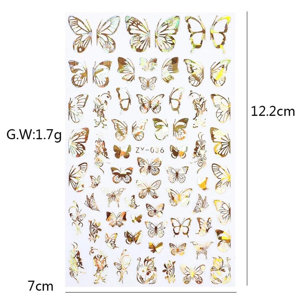 3D Holographic Butterfly Nail Art Stickers Adhesive Gold Silver Laser Foil Nail Decals For Women Girls DIY Manicure Decoration