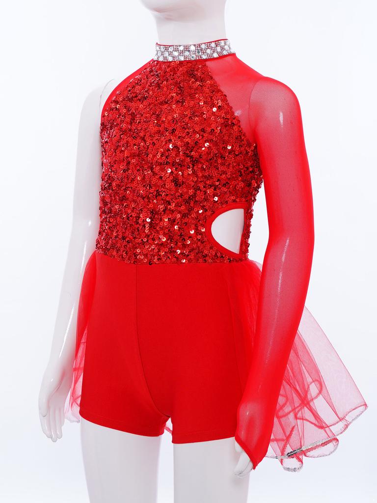 Meisjes Dans Optreden Kostuum Glanzende Pailletten Bovenlijf Tule Rok Leotard Uitsnijding Taille Asymmetrische Jumpsuit