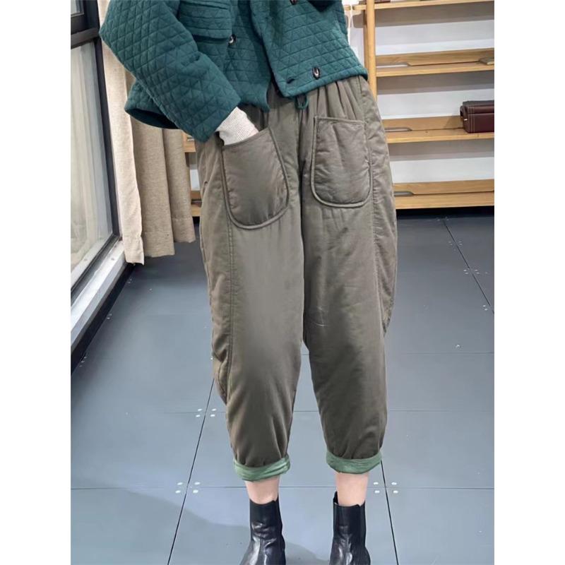 

Жіночі штани-шаровари великого розміру осінь-зима з еластичною талією Однотонні чорно-сірі штани кольору хакі Жіночі базові універсальні ретро-штани XXL хакі