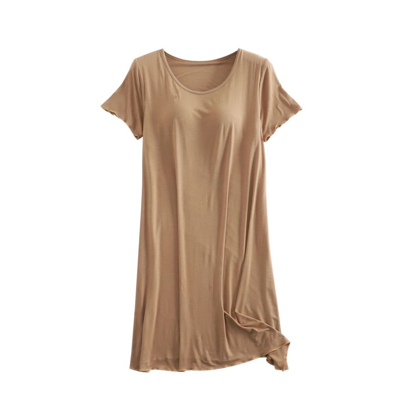 Women Casual Short Sleeve Nightgown Solid Color Pajama Dress with Bra Pad