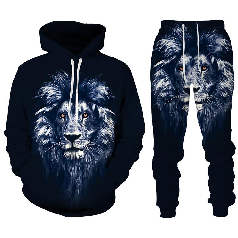 Trend Animal The Lion 3D Print Men's Tracksuit Sets Casual Hoodie And Pants 2pcs Sets Oversized Sweatshirt Fashion Men Clothing