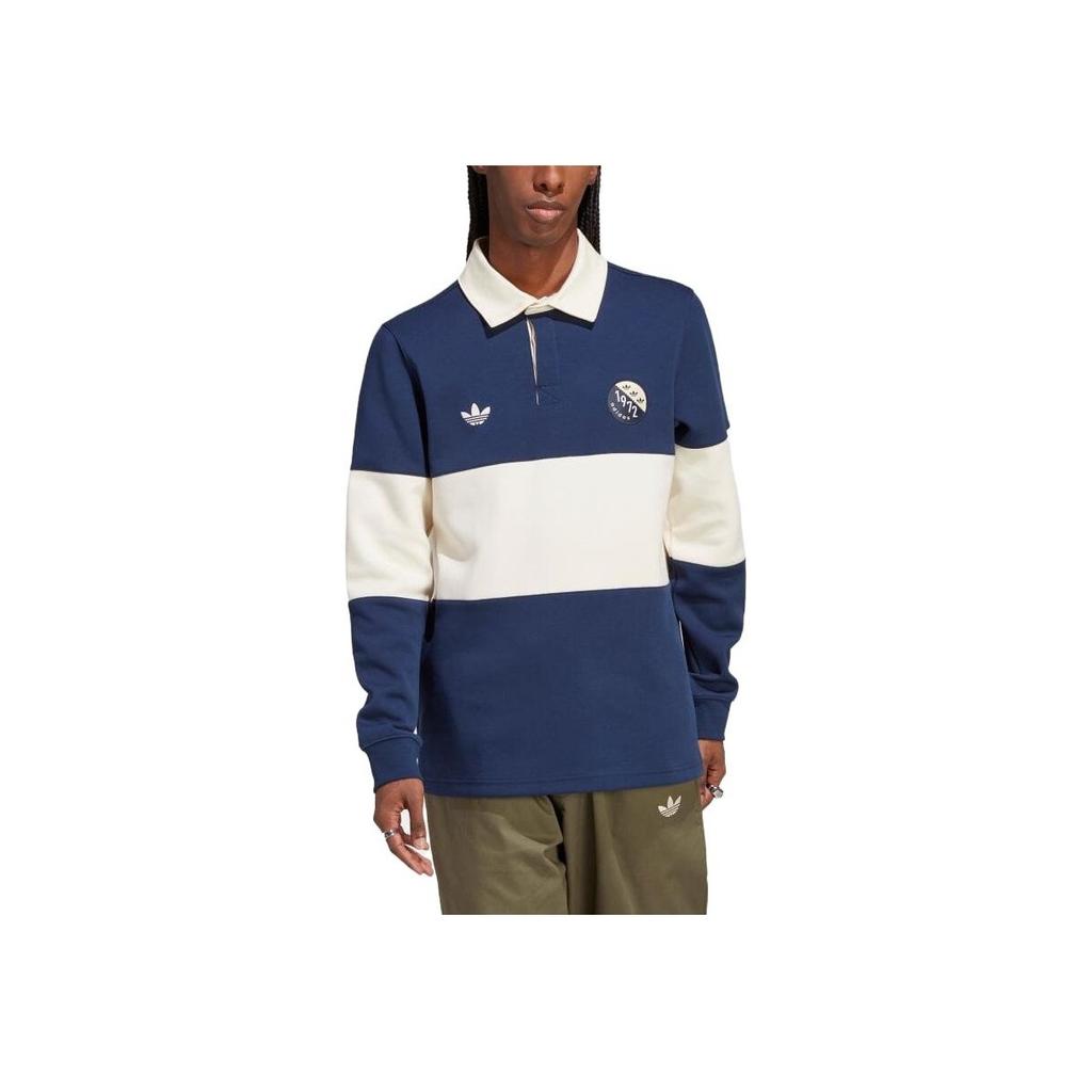 Adidas Originals Trefoil Contrast Logo Print Long Sleeve Polo Shirt Men Top Blue White IP7174