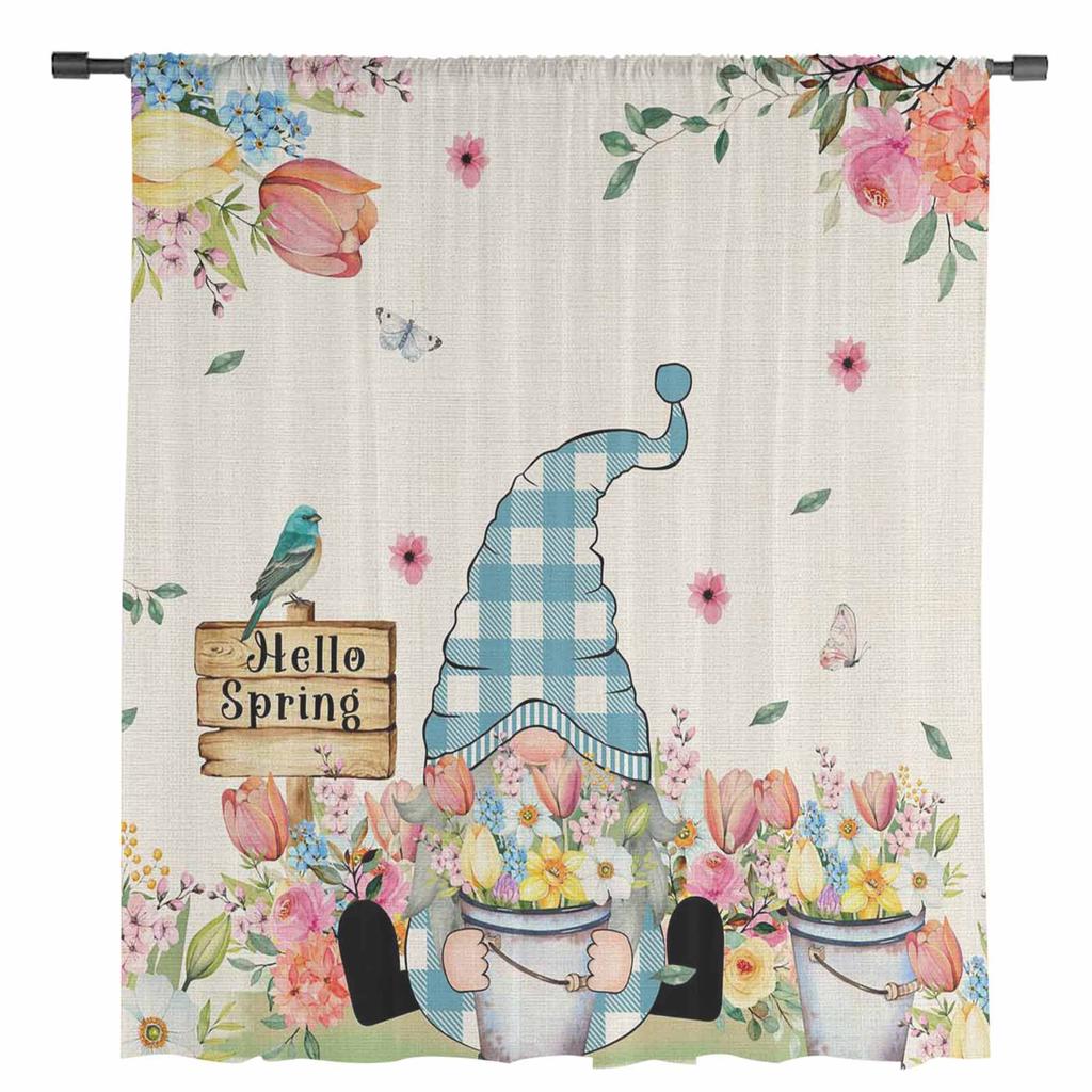 Frühlingsblumen Wichtel Transparente Fenstervorhänge für Wohnzimmer Küche Kinderzimmer Voile Hängevorhang