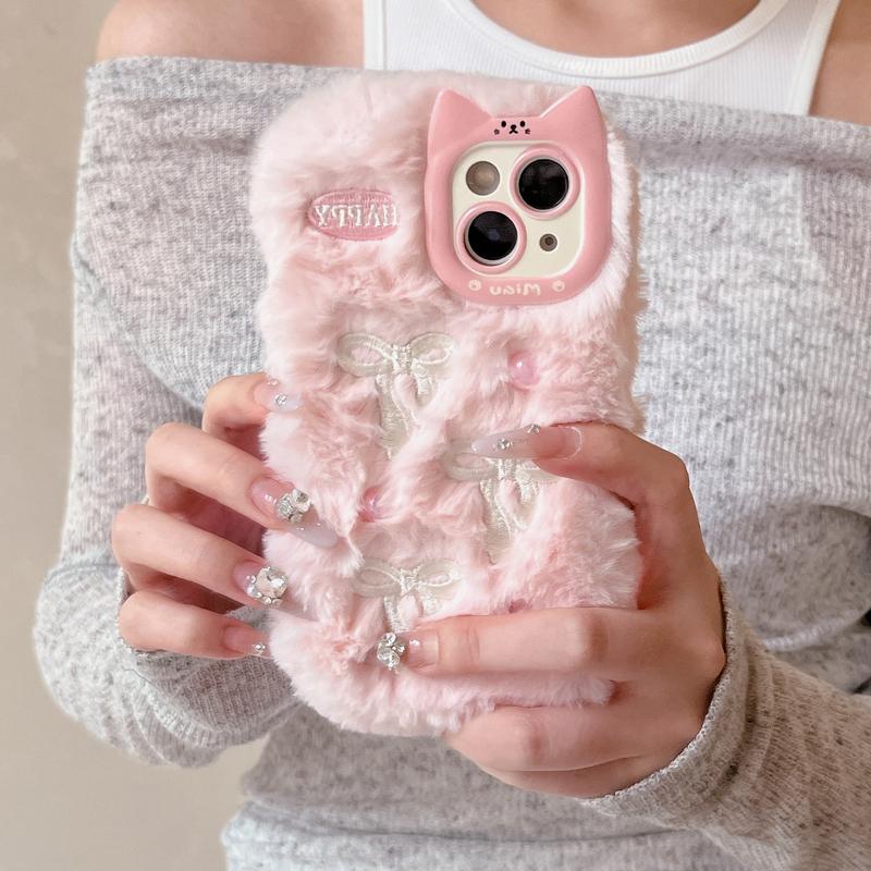 Soft Fluffy Plush bowknot Star Cat Ears 3D Pearl Phone Case For iPhone 17 Air 14 15 16 Plus 13 Pro Max 11 12 Warm Winter  Cover  Embroidery