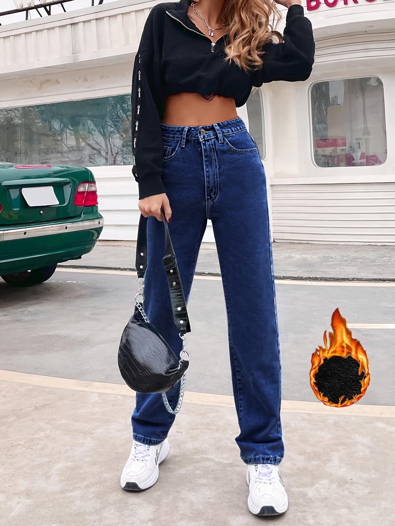 

Женские джинсы прямого кроя, утепленные флисом, для похудения - европейский и американский стиль, трендовые INS. Large синий