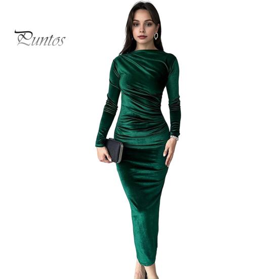 

Женское вечернее платье облегающего кроя с плиссированным вырезом лодочкой и длинным рукавом, однотонное платье миди длиной до икры, коктейльное платье для выпускного вечера M