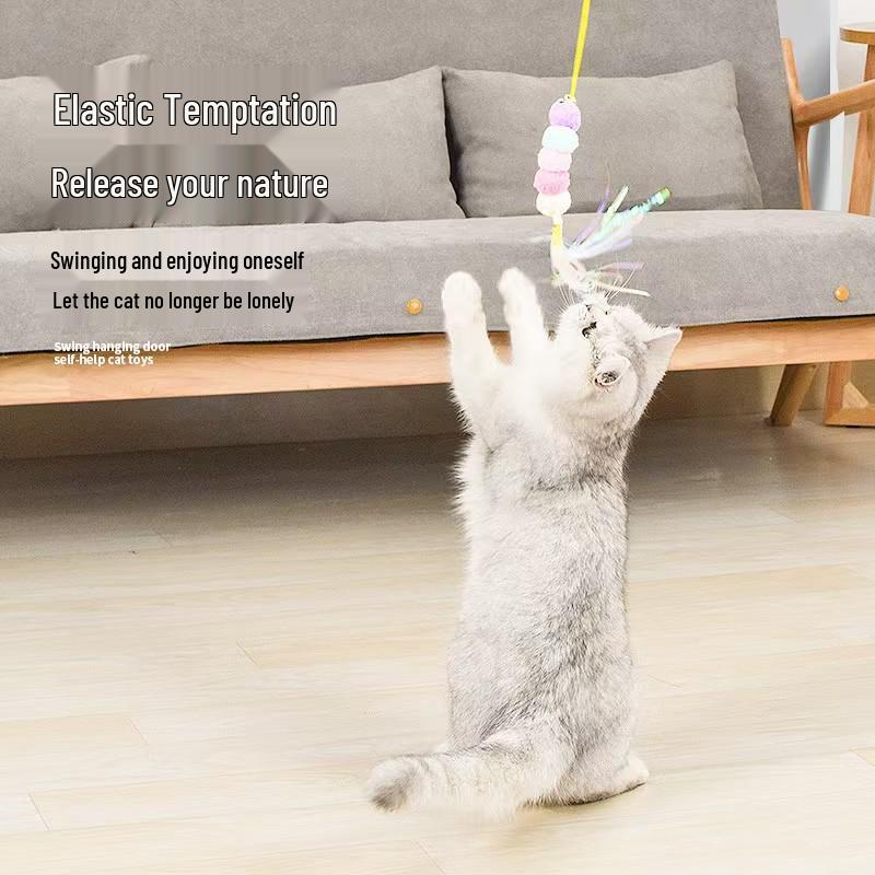 Kitten Door-Hanging Swing Teaser: Elastic Feather and Bell Toy for Self-Entertainment