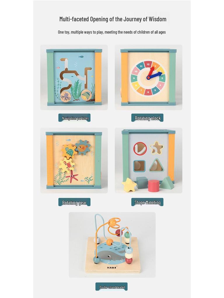 Wooden Ocean & Forest Educational Activity Cube for Children: Slide, Match, and Bead Maze Puzzle