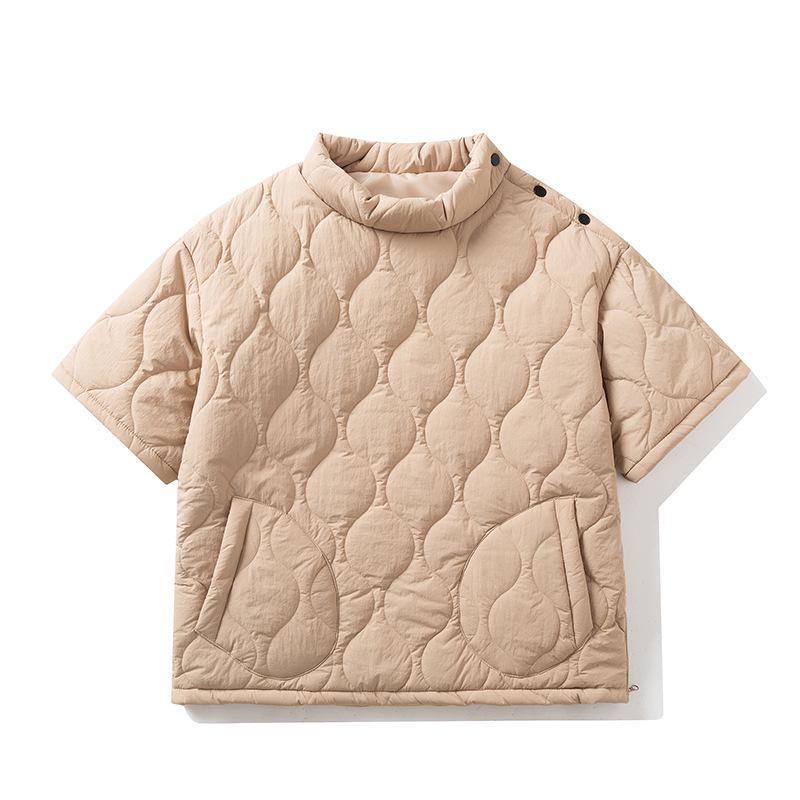 

Мужская стеганая хлопковая куртка-пуловер с коротким рукавом — Зимний рабочий стиль со стойкой воротником, свободный крой, однотонная 2XL хаки